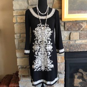 INC International Concepts black knit dress w/ cream & gold embroidery 🌺 EUC